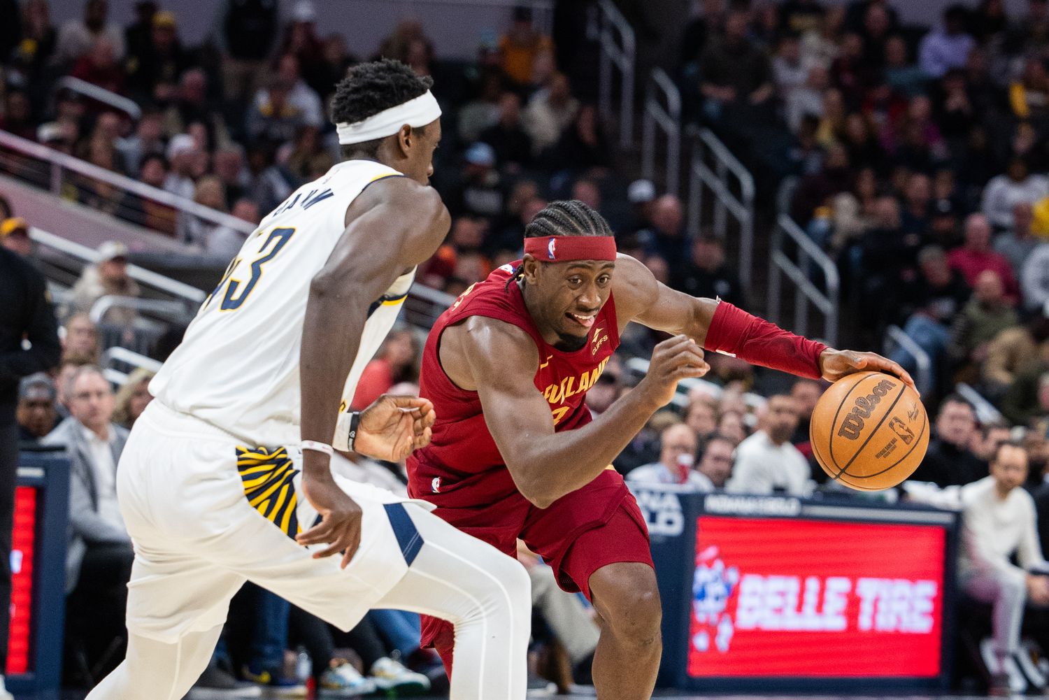 Mar 18, 2024; Indianapolis, Indiana, USA; Cleveland Cavaliers guard Caris LeVert (3) dribbles the ball while Indiana Pacers forward Pascal Siakam (43) defends in the second half at Gainbridge Fieldhouse.